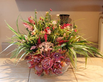 Sea Grass Shell Basket Floral Arrangement Pam's DeZines Pink Flowers Painted Sea Shells,Paper Rose, Red Bird Floral Arrangement  (Item 116)