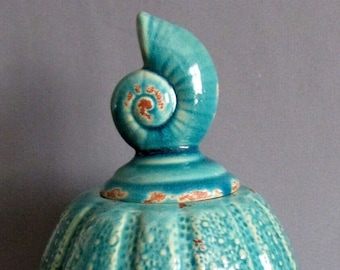 BENZARA Aqua Blue COVERD JAR Ceramic Canister with Snail