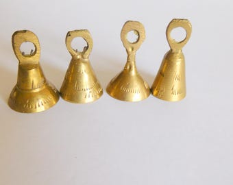 Set of Four Small Brass Bells, Etched Brass Bells, India Brass Bells, Vintage Brass Bells, Vintage Bells