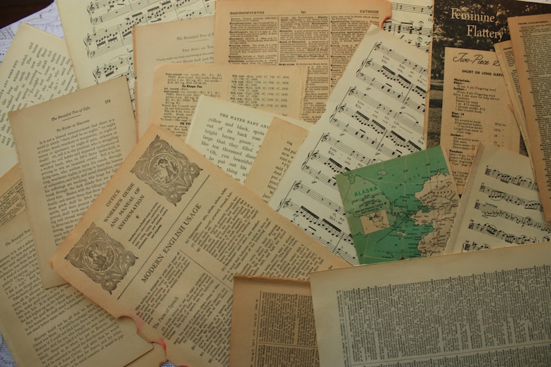 cookbooks music children/'s books books reference books dictionary 50 Vintage Assorted Pages Bundle - paper ephemera encyclopedia