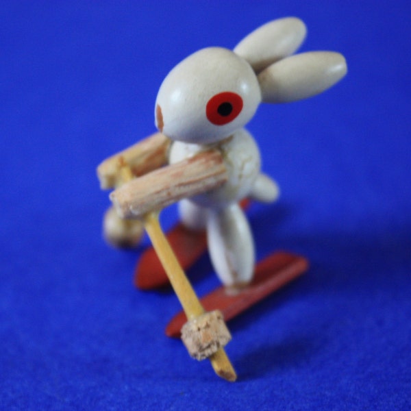 Miniature Wooden  Rabbit On Skis - Folk Art - Vintage 1940's Bunny