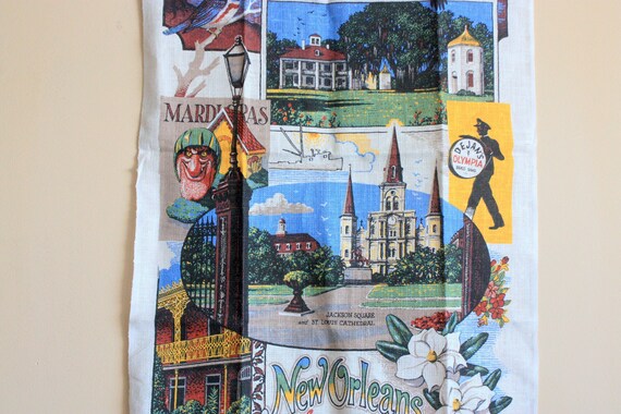 Gift for Cook Linen Dish Towel Shrimp & Crawfish Recipes Oysters Unused w/ Label 1970s Kay-Dee New Orleans Souvenir Tea Towel