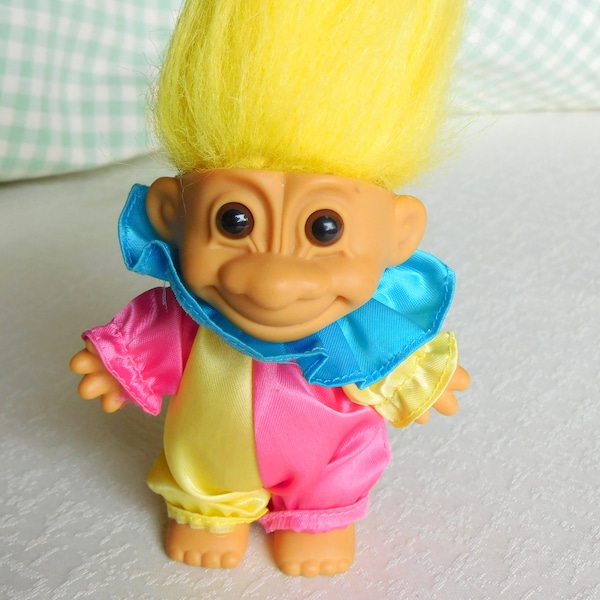 Troll clown vintage, Troll de joyeux anniversaire, Russ Troll, Troll aux cheveux jaunes, Troll en costume de clown