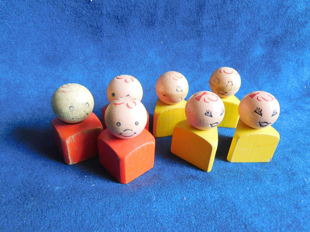 Set of 7 Vintage Fisher Price Wood Little People With Wood Base, Wood ...