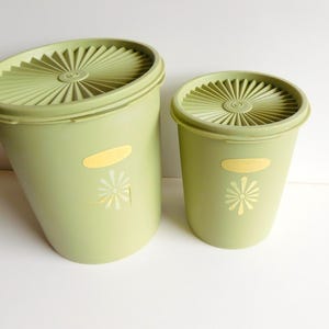 Peut inclure: Deux récipients en plastique vert avec couvercles. Les couvercles ont un motif en forme d'éventail. Chaque récipient a un ovale jaune et un motif floral. Les récipients sont de tailles différentes.
