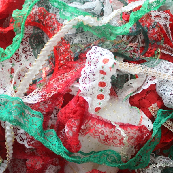 Five yards of Assorted Christmas Lace and  Christmas Trim, Lace Pieces, Lace Scraps, Red Lace, Green Lace,  Lace  Assortment,