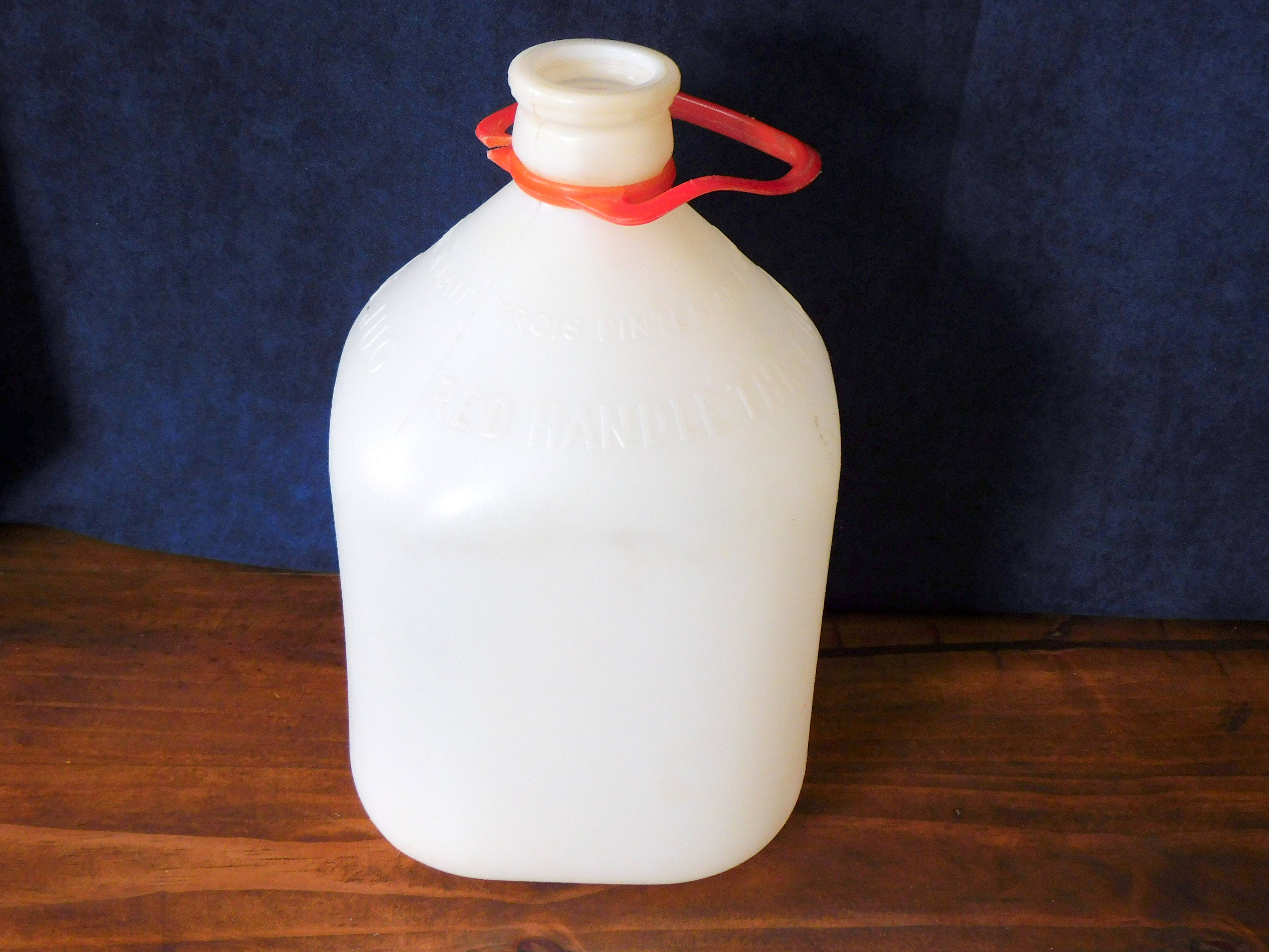 Vintage White Plastic Milk Jug With Red Handle, Red Handled Milk