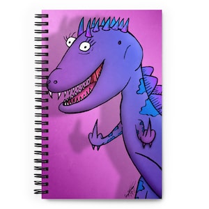 May include: Purple dinosaur with blue spots and a spiky crest, giving the middle finger with a toothy grin against a pink gradient background.