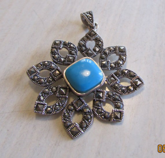 Sterling Silver Marcasite and Faux Turquoise Pend… - image 1