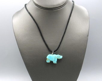 Carved Turquoise Southwest Bear Fetish Pendant Necklace on Black Cord