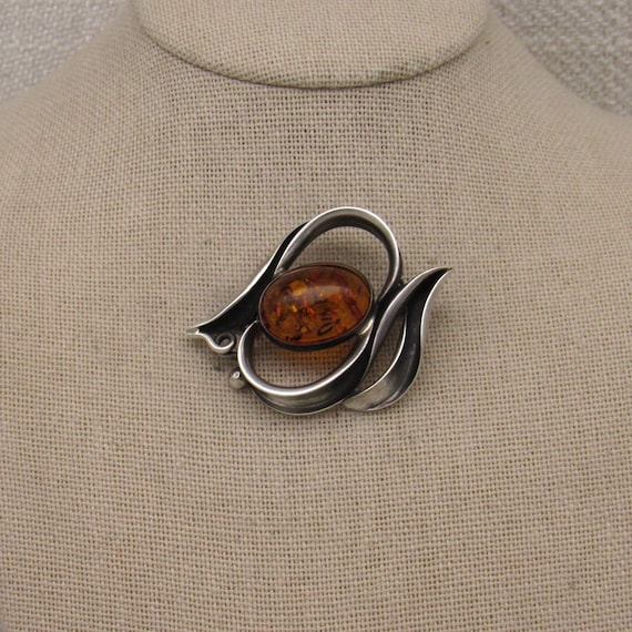 Sterling Silver and Amber Pin +