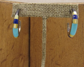Sterling Silver Hoop Earrings with Lapis, Turquoise and Shell Inlay +