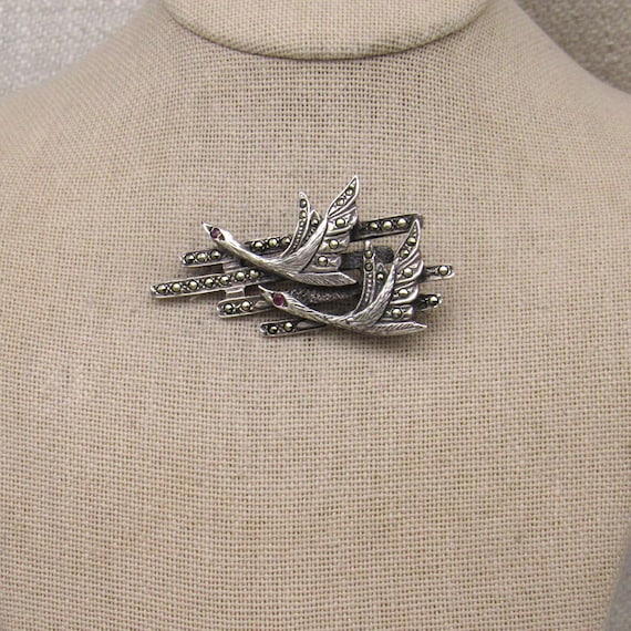 Sterling Silver and Marcasite Flying Geese Pin +