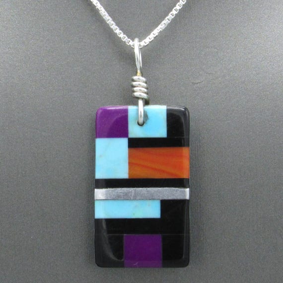 Reversible Turquoise and Colorful Block Inlay Pen… - image 2