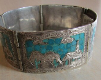 Hinged Sterling Silver Bracelet with Turquoise +