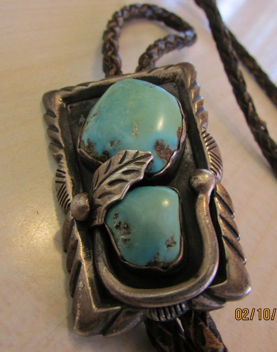 Vintage R Platero Silver and Turquoise Bolo Tie + - image 2