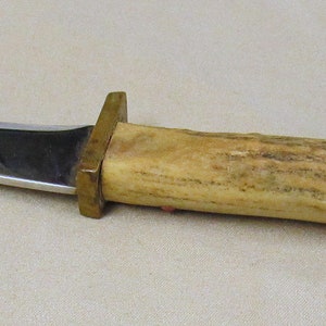 May include: A hunting knife with a curved blade and a handle made of antler. The handle is a natural brown color with dark brown spots. The blade is made of polished steel and has a brass guard.