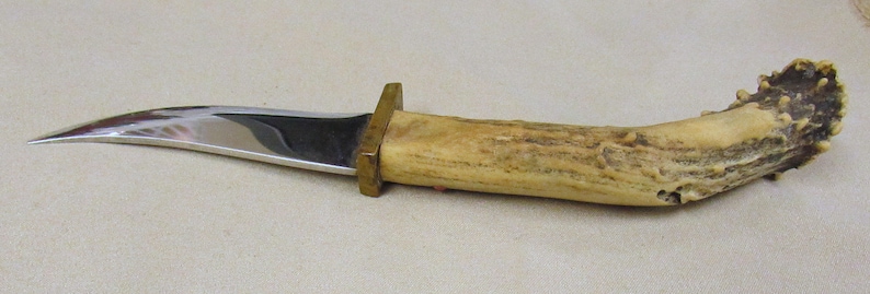 May include: A hunting knife with a curved blade and a handle made of antler. The handle is a natural brown color with dark brown spots. The blade is made of polished steel and has a brass guard.