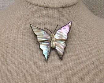 Mexican Sterling Silver and Abalone Butterfly Pin +