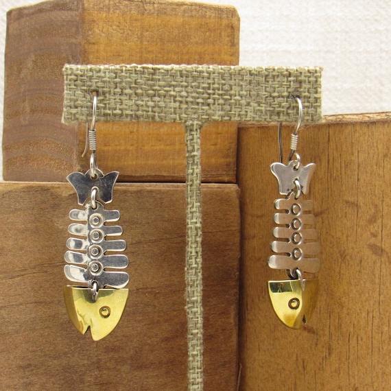 Sterling Silver Wire Dangle Fish Skeleton Earring… - image 1