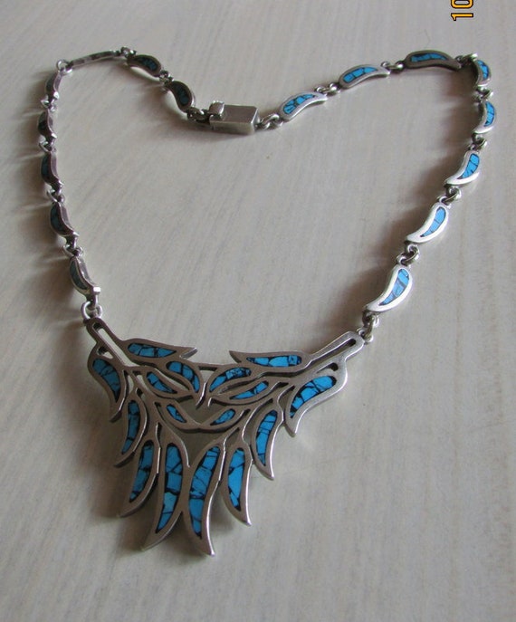 Mexican Sterling Silver Necklace with Turquoise a… - image 1