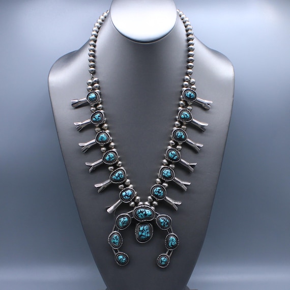 Vintage Sterling Silver 23.5" Turquoise Squash Blossom Necklace