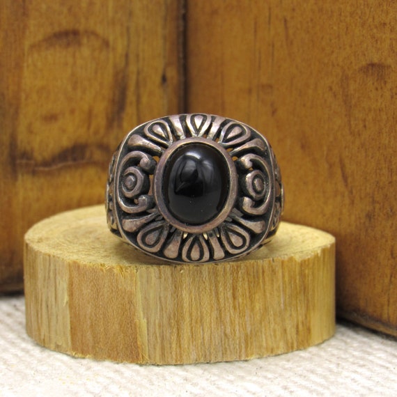 Bold Filigree Sterling Silver and Black Onyx Ring… - image 1