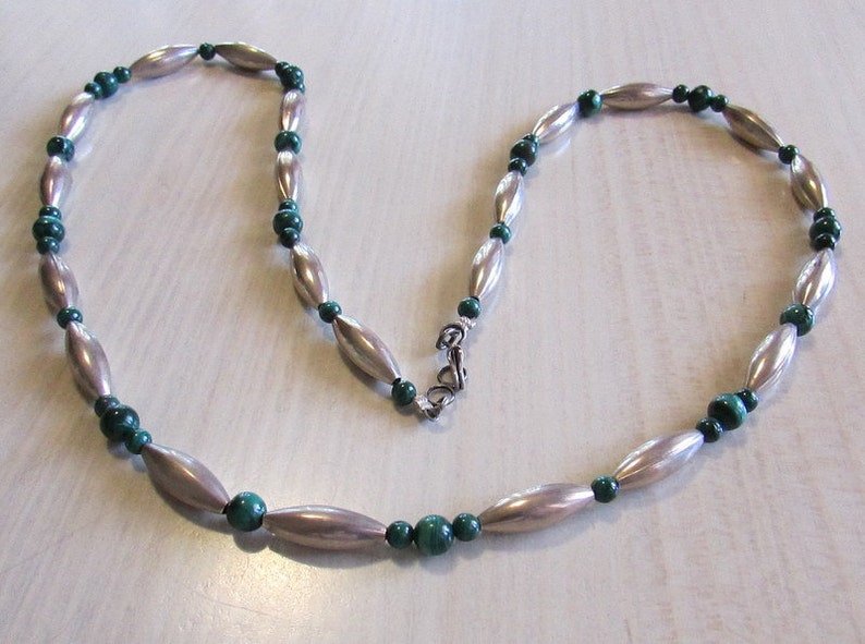 Sterling Silver and Malachite Bead Necklace 26 1/4 Long Etsy