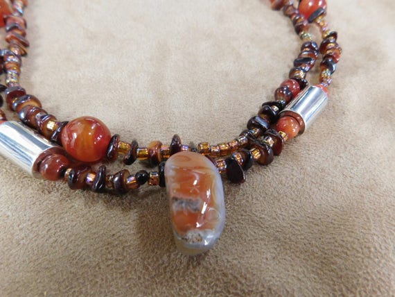 Silver, Carnelian, and Glass Bead Necklace and Ea… - image 2