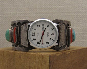 Southwest Men's Sterling Silver Cuff Bracelet with Turquoise and Coral +