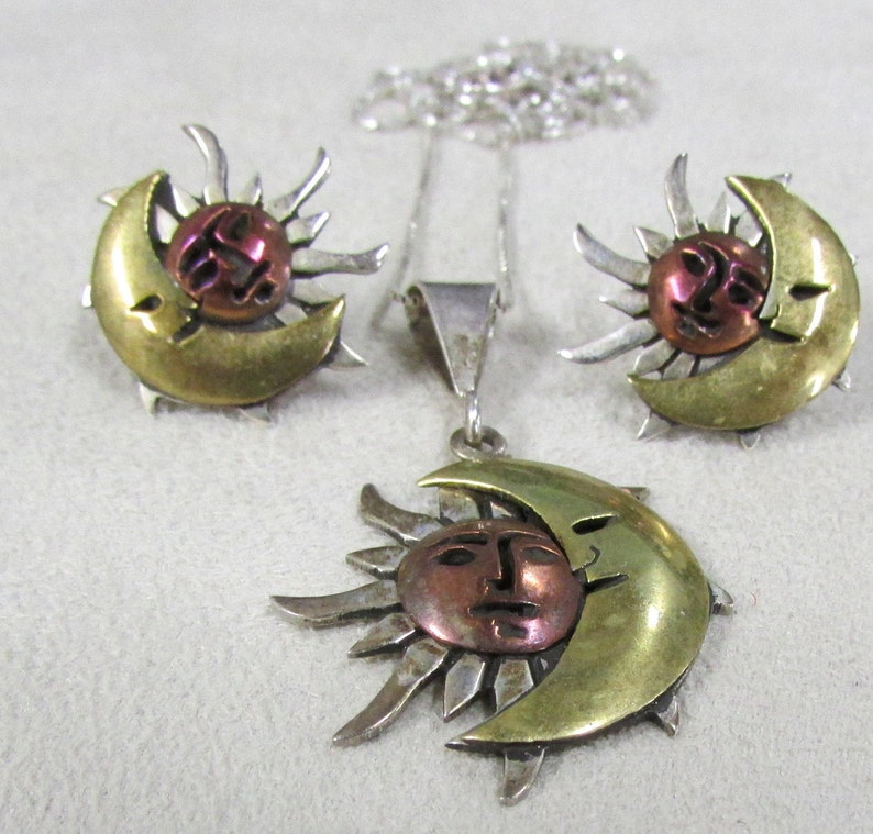 Copper and Brass Sun and Moon Necklace /& Earring Set Sterling Silver