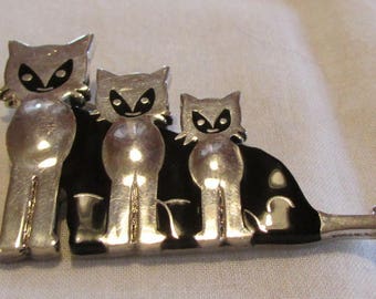 Sterling Silver and Black Enamel 3 Cats Pin from Mexico +