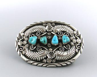 Ornate Navajo Style Sterling Silver and Turquoise Belt Buckle