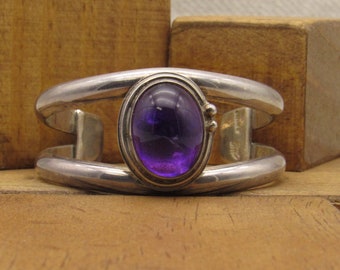 Sterling Silver and Amethyst Glass Cab Cuff Bracelet +