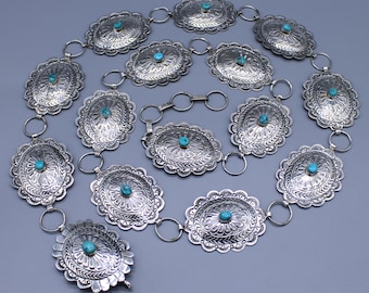 Vintage Southwestern Hand-Stamped Sterling Silver Turquoise Concho Belt