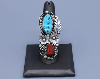 Turquoise Coral Sterling Silver Large Ring Size 9