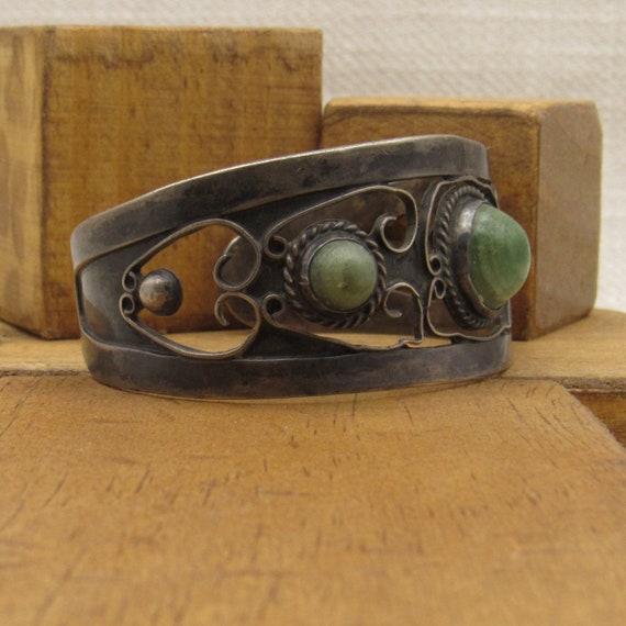 Vintage Sterling Silver and Green Stone Bracelet … - image 2