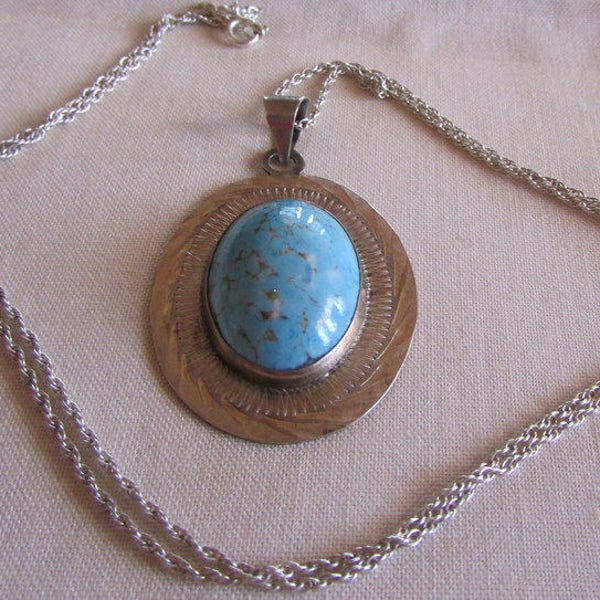 Sterling Silver and Hubbell Glass Turquoise Necklace from Mexico +