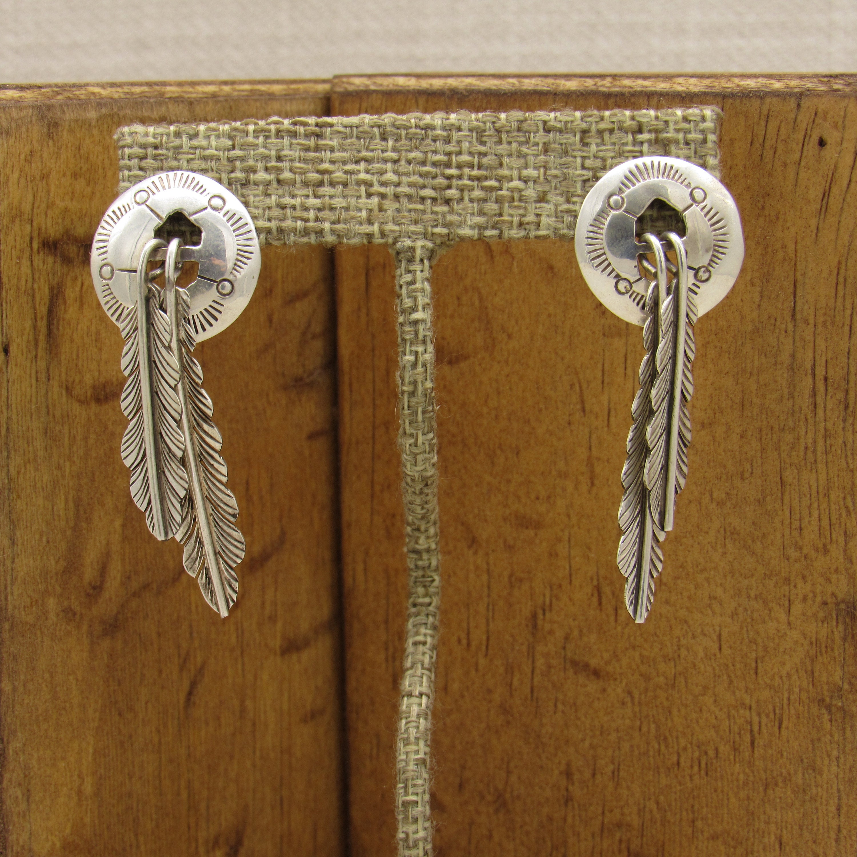 Sterling Silver Concho and Feather Southwest Earrings. 