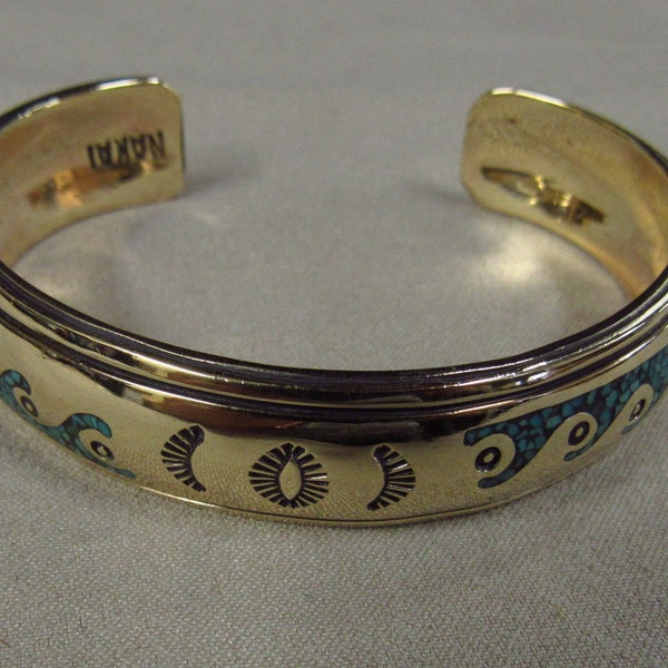 Nakai Southwest Brass and Turquoise Chip Inlay Cuff Bracelet