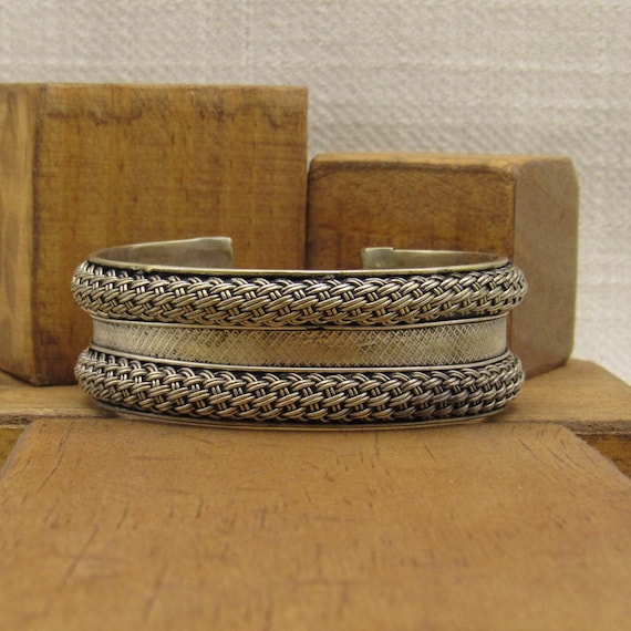 Sterling Silver Cuff Bracelet with Two Rows of Wo… - image 1