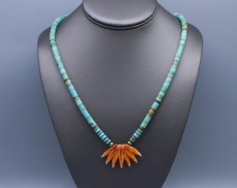 Vintage Unique Turquoise Hesihi and Spiny Oyster Shell Blossom 22" Necklace
