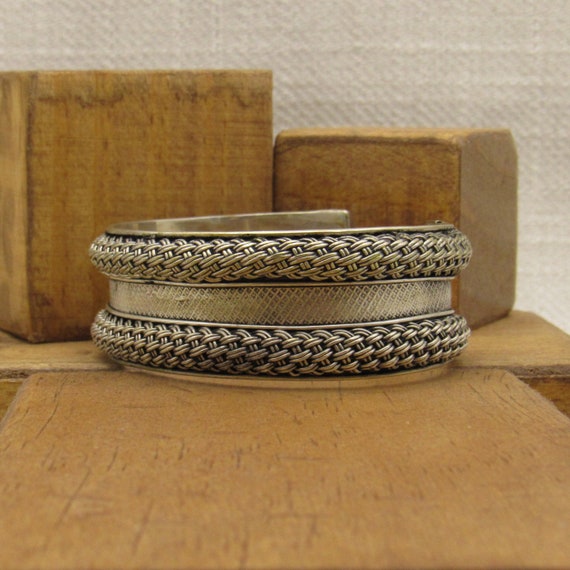 Sterling Silver Cuff Bracelet with Two Rows of Wo… - image 2