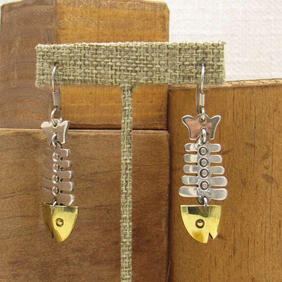 Sterling Silver Wire Dangle Fish Skeleton Earring… - image 2