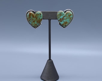 Sterling Silver Large Vintage Turquoise Heart Earrings By Rose Begay