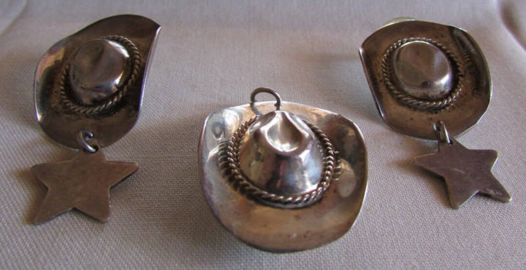 Sterling Silver Cowgirl Hat and Star Earrings and Necklace Set + - Etsy
