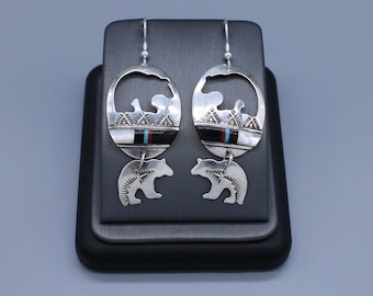 Sterling Silver Hand Stamped Bear Design Turquoise Inlay Earrings