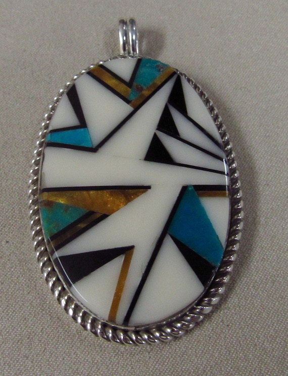 Sterling Silver Large Oval Inlaid Pendant + - image 1