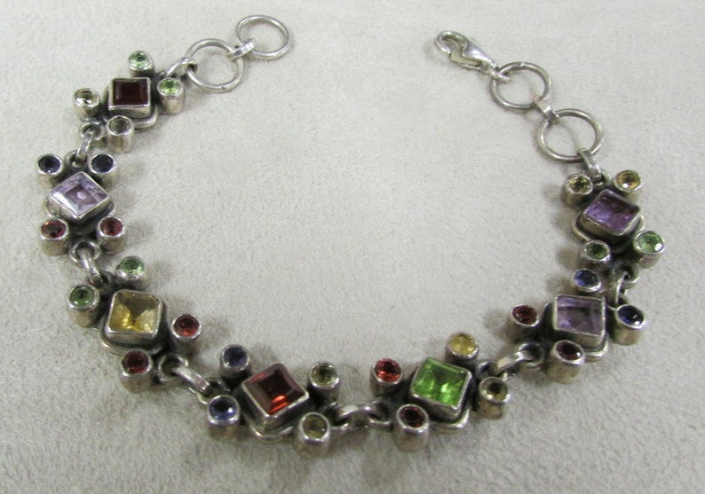 Sterling Silver Link Bracelet with Faceted Stones