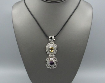 Ornate Sterling Silver, Citrine and Amethyst Pendant